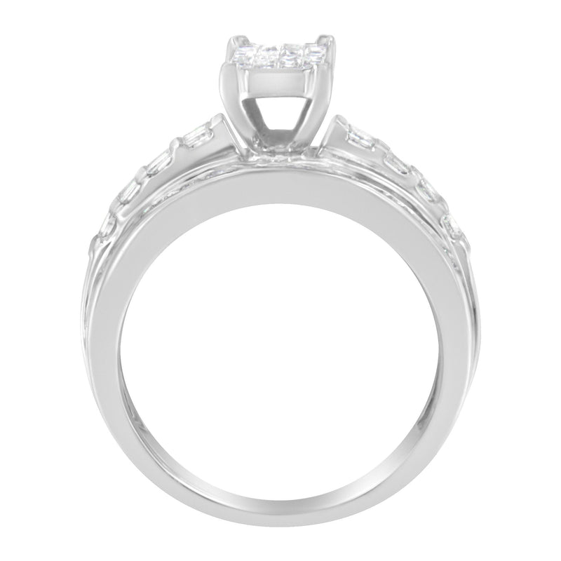 14K White Gold 1.0 Cttw Mixed-Cut Diamond Rectangle Invisible-Set Composite Cluster Ring With Bar- And Channel-Set Band