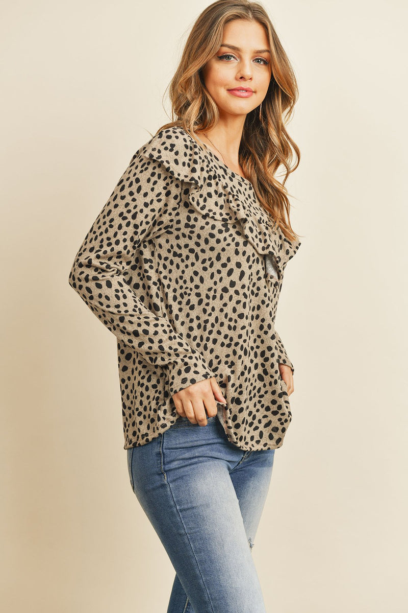 Brushed Hacci Leopard V-Shaped Ruffle Detail Top