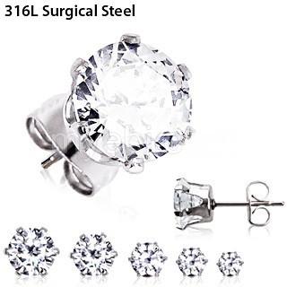 Pair of 316L Surgical Steel Clear Round CZ Stud Earrings