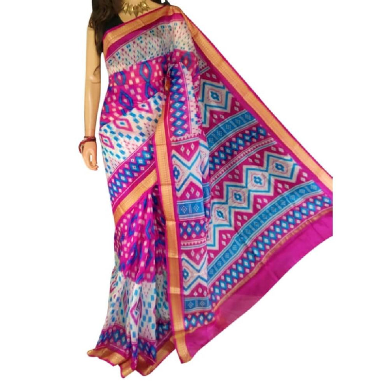 Bangalore Silk Saree With Geometric Block Print - Pink