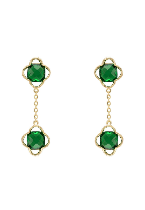 Open Clover Double Drop Earrings Gold Emerald