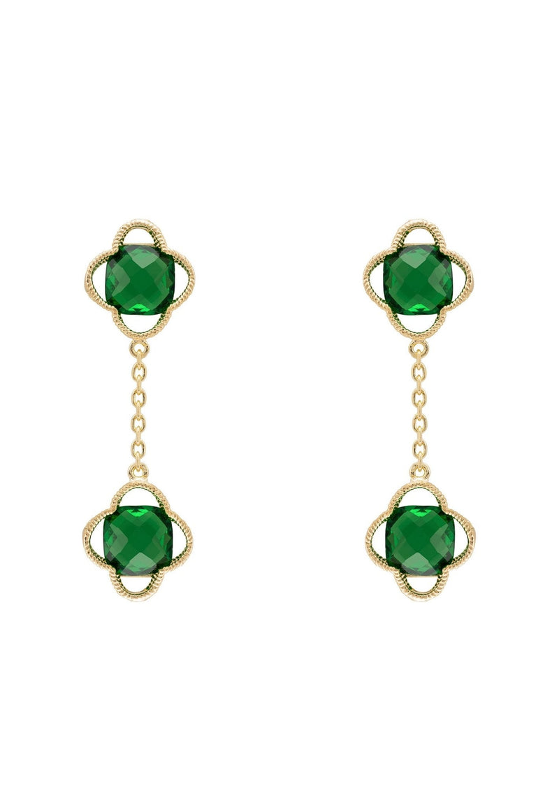 Open Clover Double Drop Earrings Gold Emerald