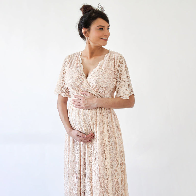 Maternity Blush Wrap Lace Bohemian Wedding Dress, Butterfly Sleeves With Pockets