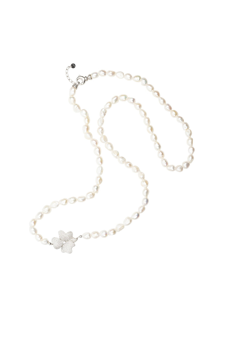 Flower Pearl Gemstone Long Necklace White CZ Silver