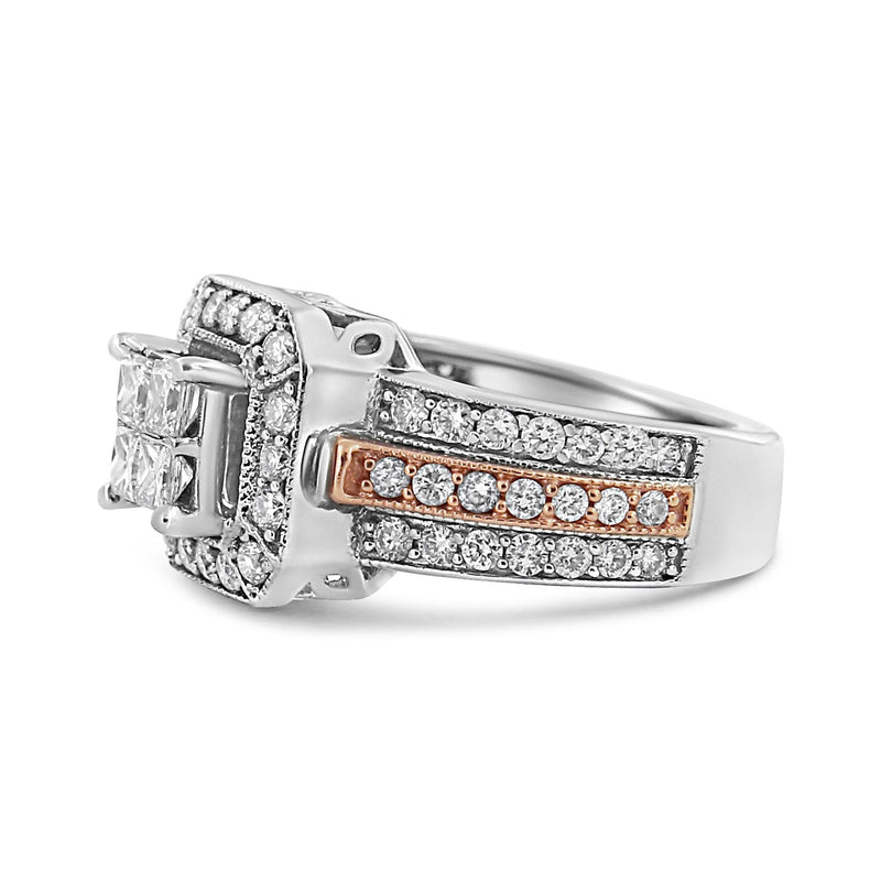 14K White and Rose Gold 1 1/8 Cttw Princess and Round-Cut Diamond Art Deco Style Triple Shank Halo Cocktail Ring (I-J Co