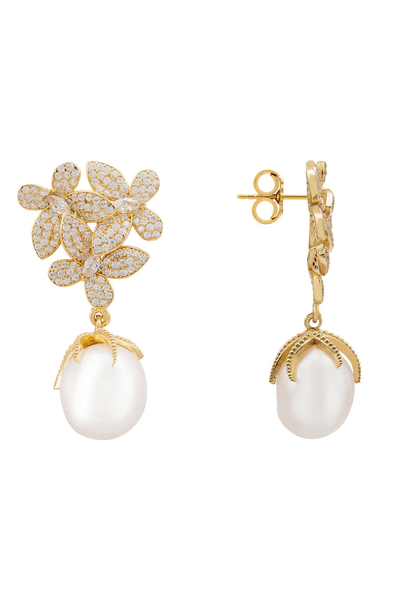 Flowers Baroque Pearl Earrings Gold White