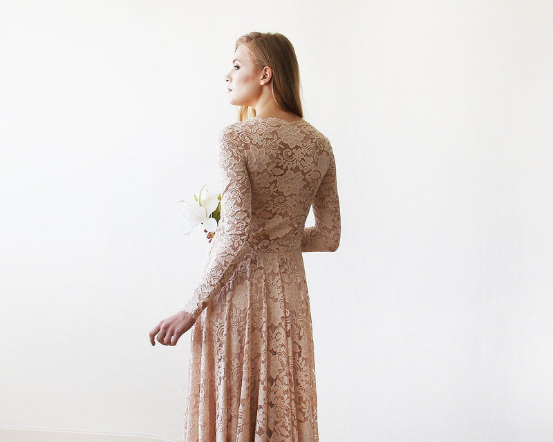 Round Neckline Pink Lace Dress With Long Sleeves 1147