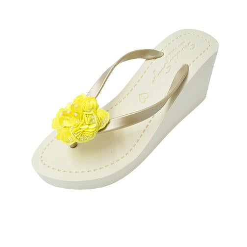 Noho Yellow Flower -  Sequence Embellished Women's High Wedge Flip Flops