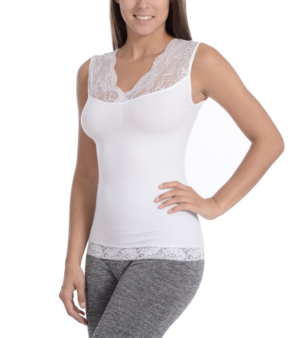 Seamless Shaping Tank Top With Lace Detail White