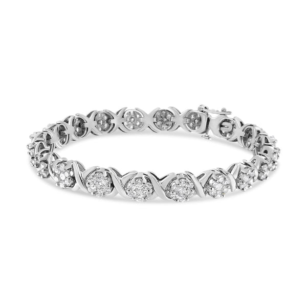 14K White Gold 6-1/3 Cttw Round Brilliant-Cut Diamond Round Cluster & X-Link 7" Tennis Bracelet (I-J Color, SI2-I1 Clari