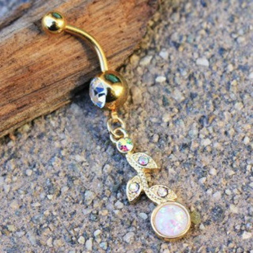 Gold Synthetic Opal Flower Vine Dangle Navel Ring