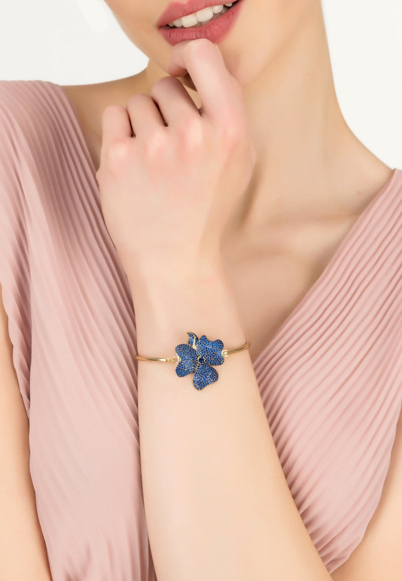 Flower Large Statement Cuff Bracelet Gold Sapphire Blue