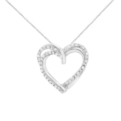.925 Sterling Silver 1/4 Cttw Prong Set Round-Cut Diamond Woven Double Heart 18" Pendant Necklace (I-J Color, I2-I3 Clar