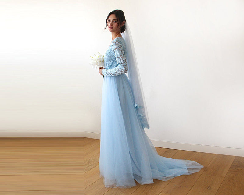 Light Blue Tulle and Lace Long Sleeve Wedding Train Gown 1164