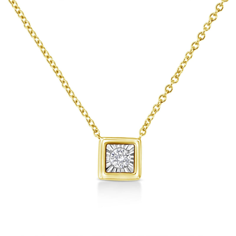 10K Yellow Gold Plated .925 Sterling Silver 1/10 Cttw Miracle Set Round Diamond Square Box Shape 18" Pendant Necklace (K