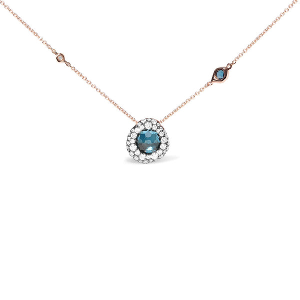 18K Rose Gold 5/8 Cttw Diamond and London Blue Topaz Gemstone Bezel-Set Cluster 18" Station Necklace (G-H Color, SI1-SI2