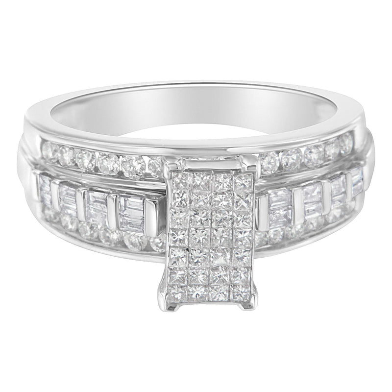 14K White Gold 1.0 Cttw Mixed-Cut Diamond Rectangle Invisible-Set Composite Cluster Ring With Bar- And Channel-Set Band