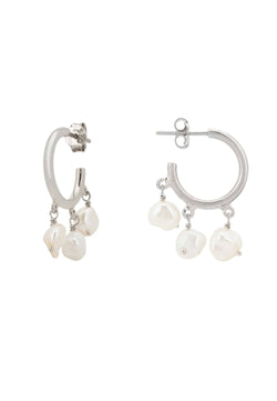 Pearl Cluster Drop Hoop Earrings Silver