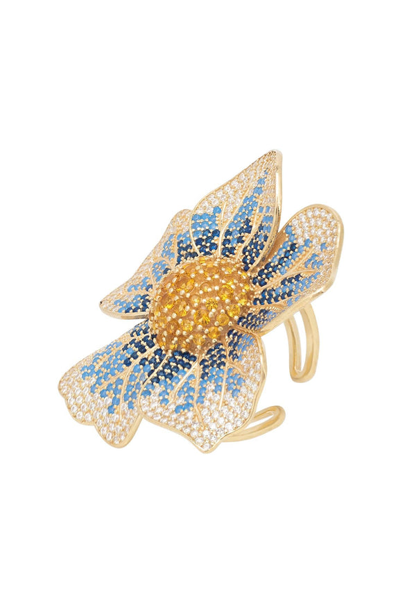 Pansy Flower Blue Ring Gold