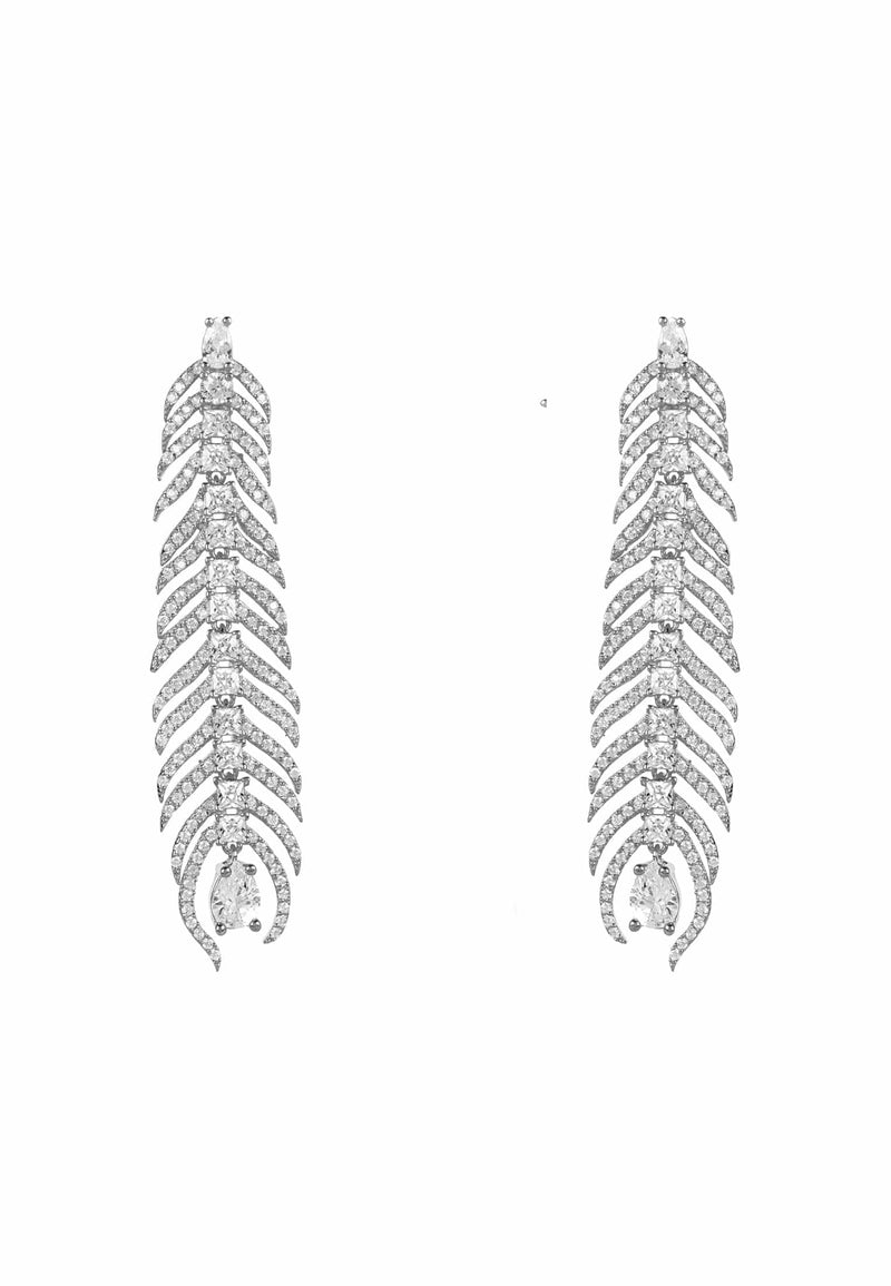 Peacock Feather Elongated Drop Earrings Silver
