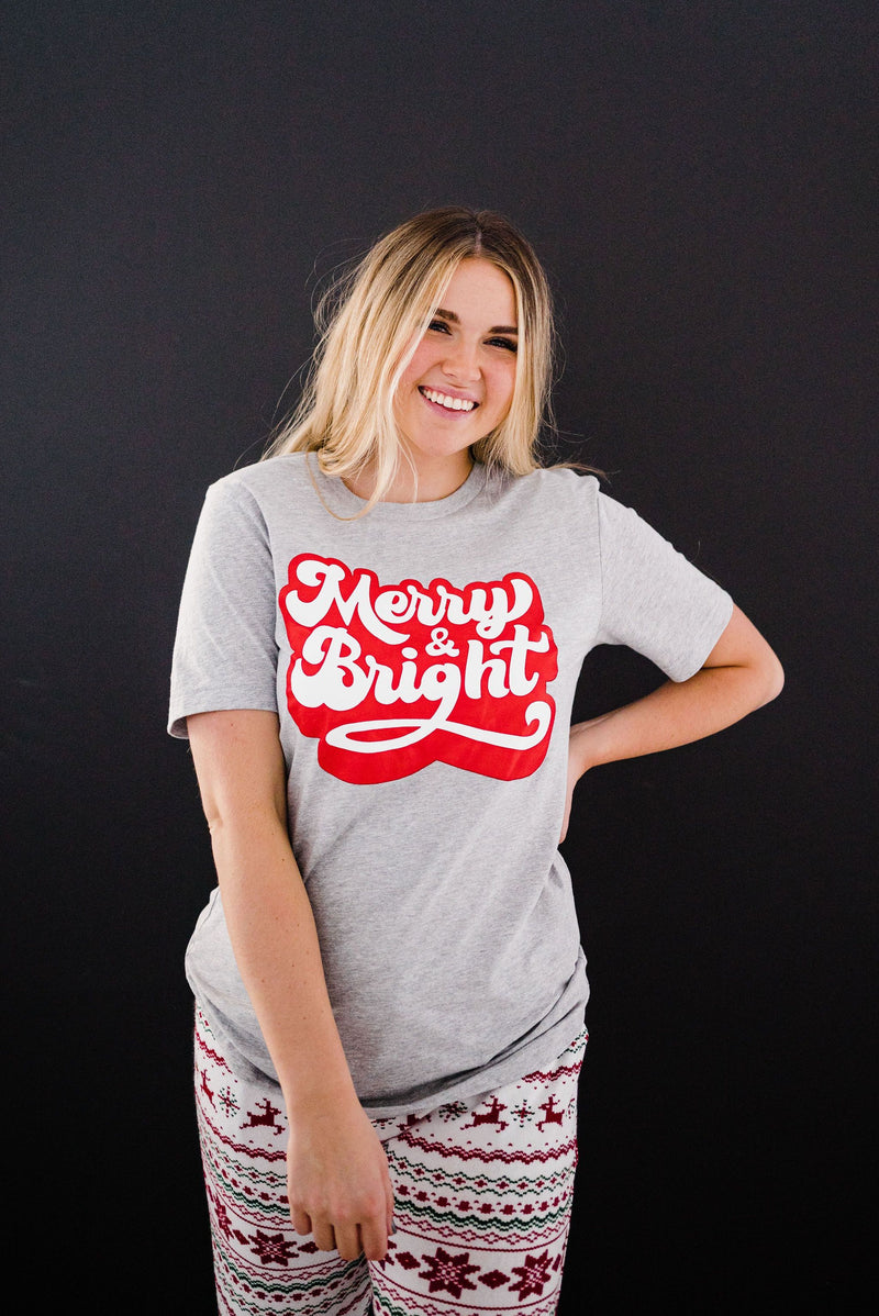 Merry and Bright Graphic Tee- Grey