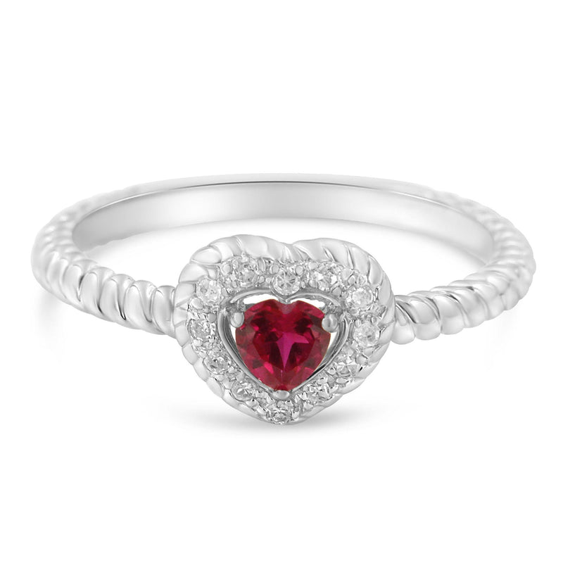 Sterling Silver 4MM Lab Created Ruby Heart and Diamond Accent Heart Ring (I-J, I2-I3) - Size 8