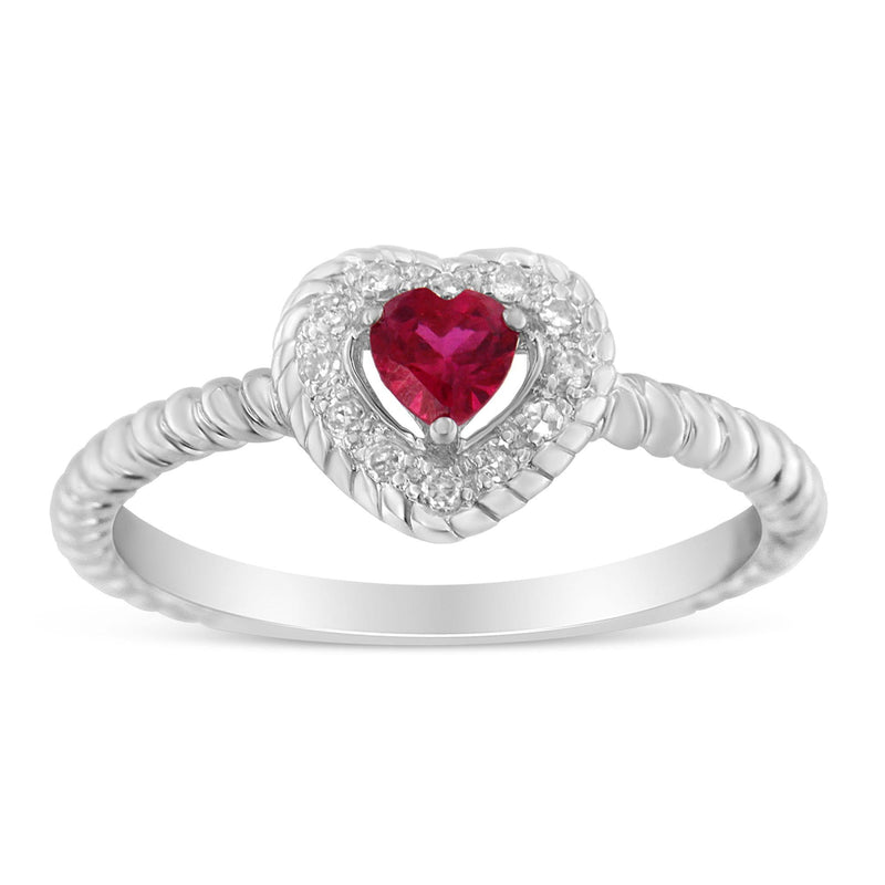 Sterling Silver 4MM Lab Created Ruby Heart and Diamond Accent Heart Ring (I-J, I2-I3) - Size 8