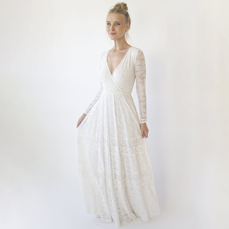 Bohemian Lace Wedding Dress  Wrap Neckline With Fringes #1363
