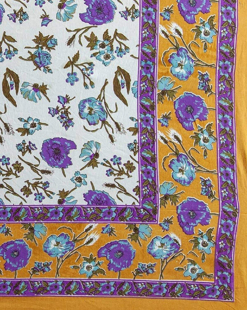 Boho Floral Hand Block Printed Wall Hanging Picnic Tapestry- Gold & Blue