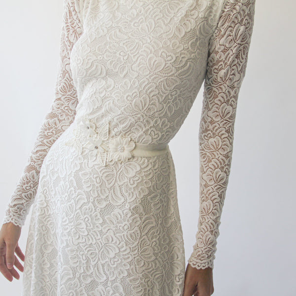 Long Sleeves Boat Neckline Modest Wedding Dress With Floral Sash Belt  #1296