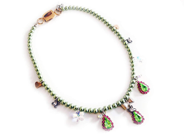 Beaded Necklace With Pink & Green Swarovski Crystals