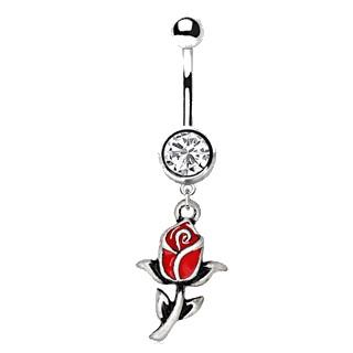 316L Stainless Steel Red Rose Dangle Navel Ring