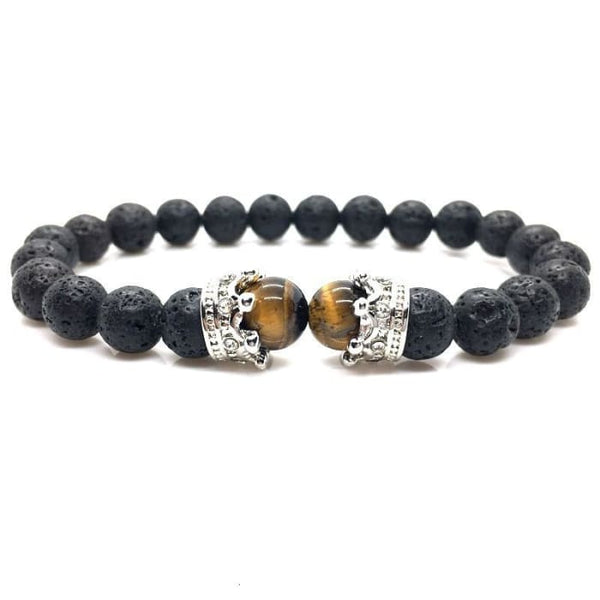 Crowned Eye of Tiger and Lava Stone Braided Bracelet