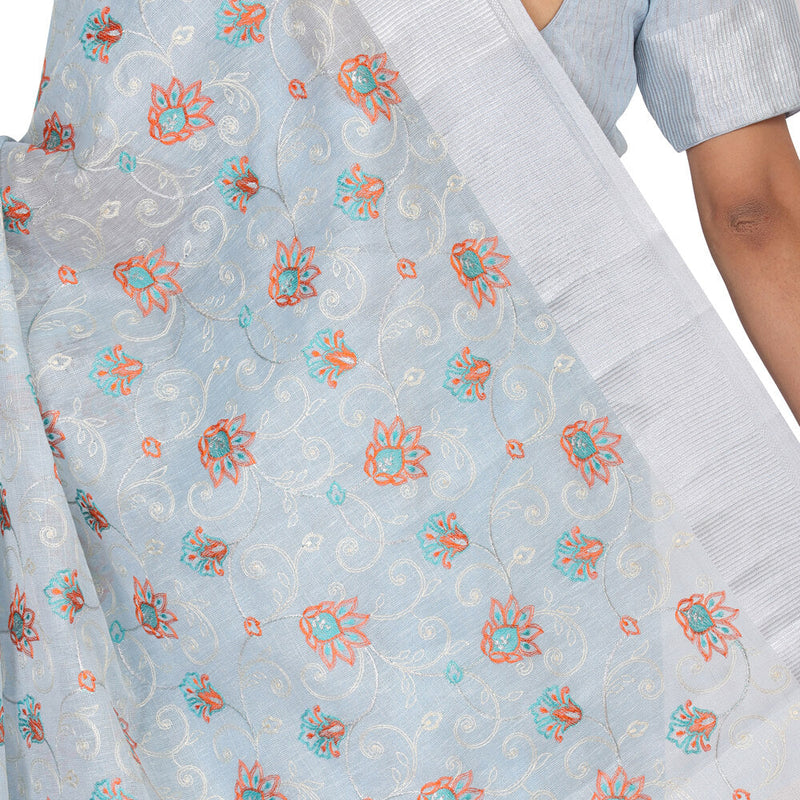 Tissue Banarasi Saree With Embroidery - Sky Blue