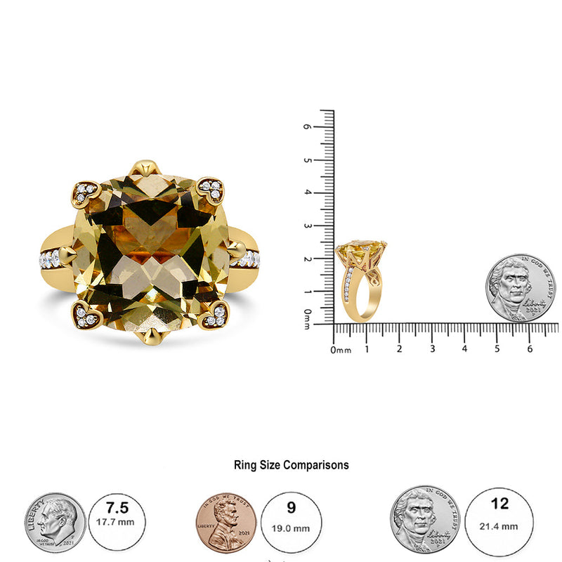 18K Yellow Gold 15x15mm Cushion Cut Lemon Quartz and 1/4 Cttw Diamond Accented Cocktail Ring (F-G Color, VS1-VS2 Clarity