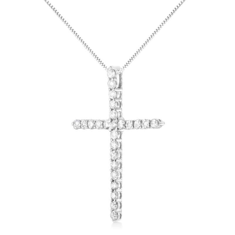.925 Sterling Silver 2 Cttw Prong Set Round-Cut Diamond Cross 18" Pendant Necklace (I-J Color, I2-I3 Clarity)