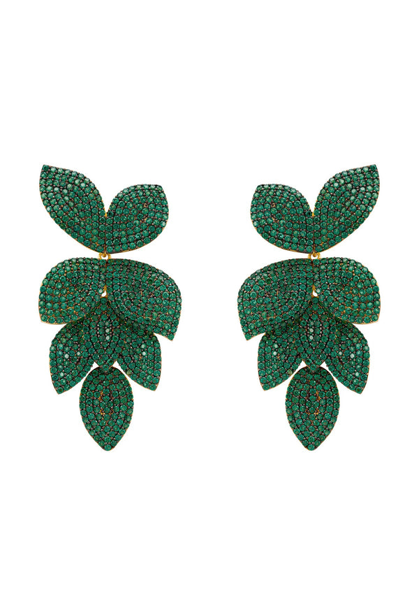 Petal Cascading Flower Earrings Gold Emerald Green