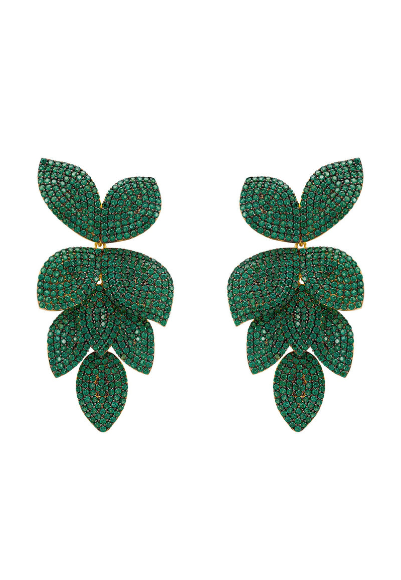 Petal Cascading Flower Earrings Gold Emerald Green