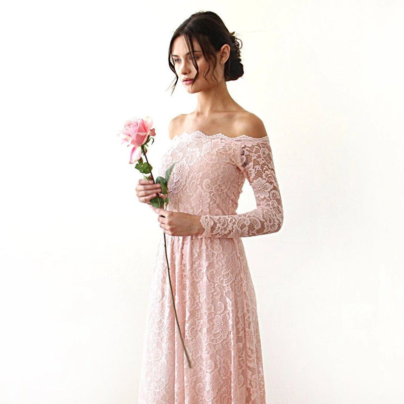 Pink Off-The-Shoulder Floral Lace Long Sleeve Gown With Train 1148