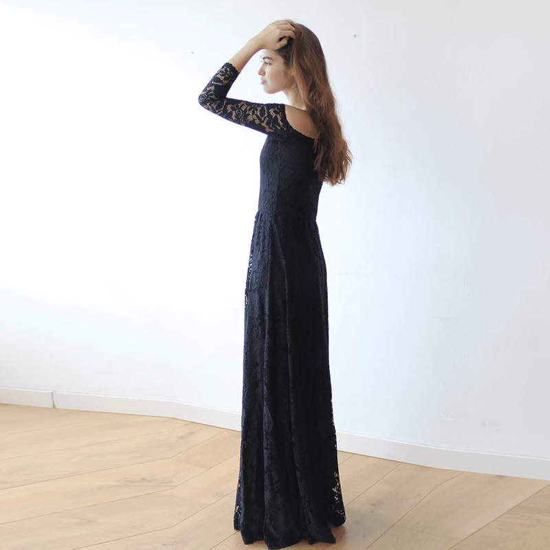 Off-The-Shoulder Black Floral Lace Long Sleeve Maxi Dress 1119