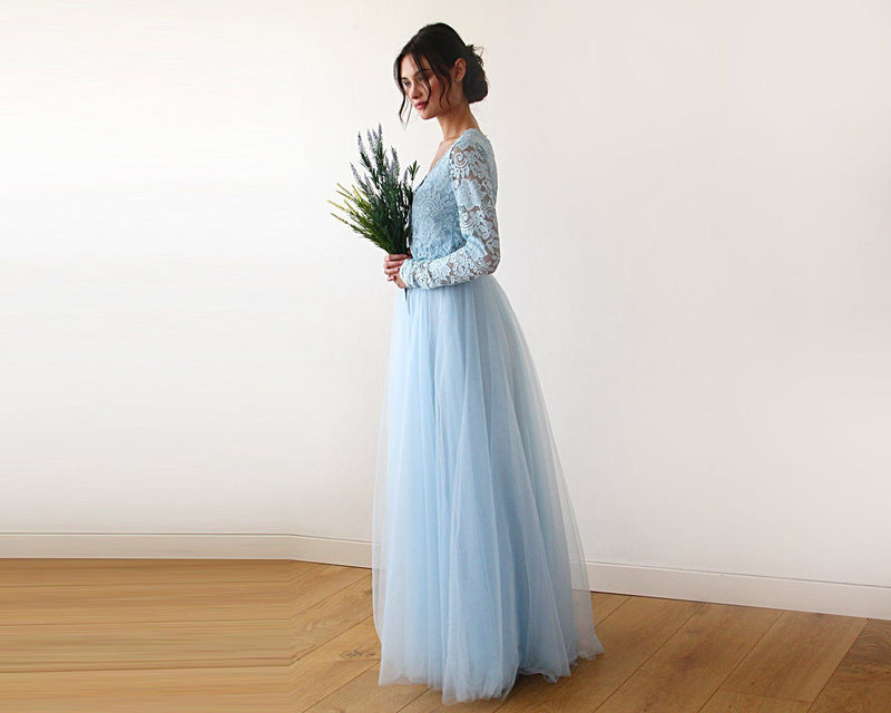 Light Blue Tulle and Lace Long Sleeve Wedding Maxi Dress 1125