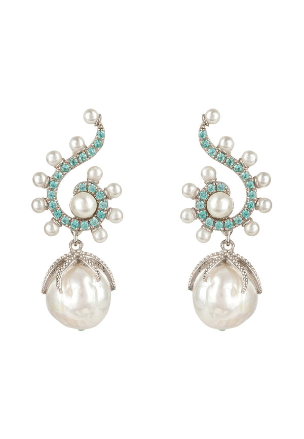 Baroque Pearl Poseidon Gemstone Drop Earrings Aqua  Silver