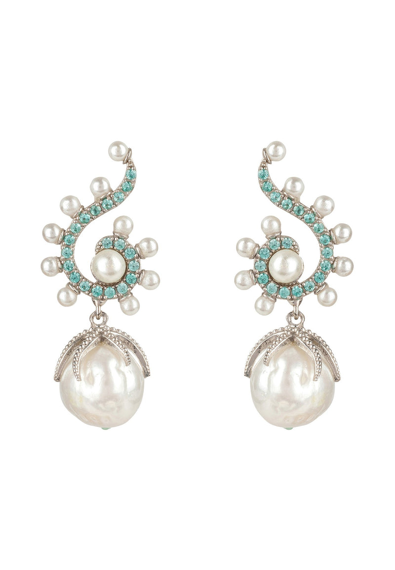 Baroque Pearl Poseidon Gemstone Drop Earrings Aqua  Silver