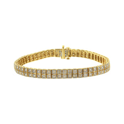 14K Yellow Gold Over .925 Sterling Silver 3.0 Cttw Diamond Double Row Square Milgrain Link 7” Tennis Bracelet (K-L Color