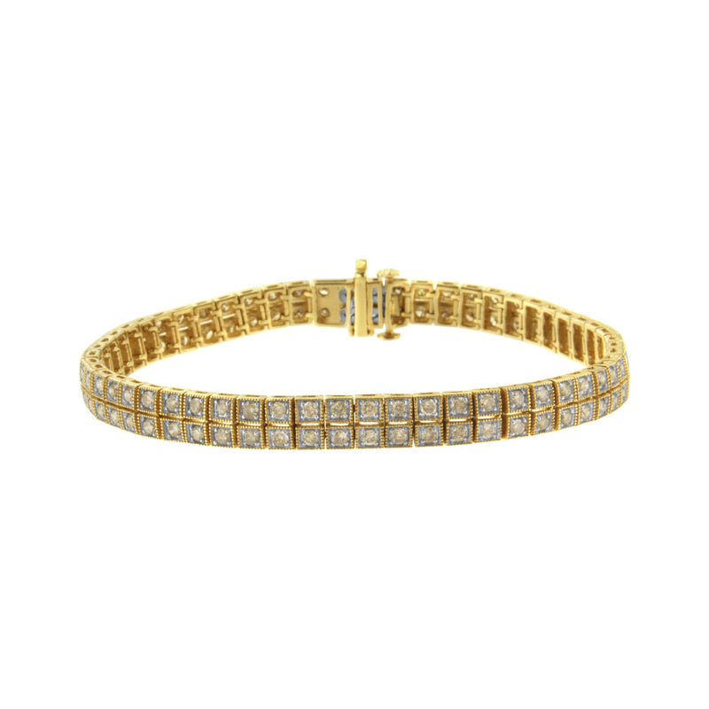 14K Yellow Gold Over .925 Sterling Silver 3.0 Cttw Diamond Double Row Square Milgrain Link 7” Tennis Bracelet (K-L Color