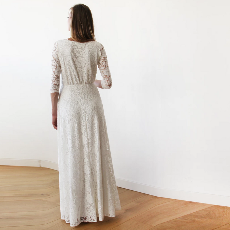 1266Sleeves Lace Wedding Dress, Ivory Boho Wedding Dress 1124