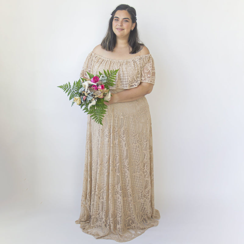 Champagne  Ruffled Crinkle Off-Shoulder Wedding Dress #1327
