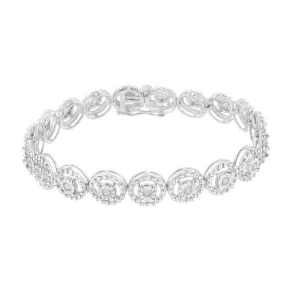 .925 Sterling Silver 1.0 Cttw Diamond Nested Circle Miracle Set Open Wheel 7" Fashion Link Bracelet (I-J Color, I3 Clari