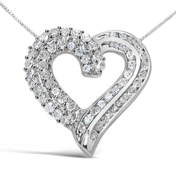 .925 Sterling Silver 1.0 Cttw Prong & Channel-Set Diamond Open Work Ribbon Heart Pendant 18" Necklace (I-J Color, I3 Cla