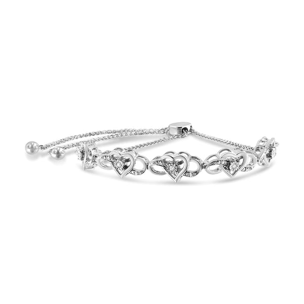 .925 Sterling Silver Miracle Set Diamond Accented Infinity Hearts 6”-9” Adjustable Bolo Bracelet (H-I Color, I2-I3 Clari